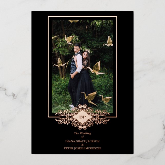 Luxury Sophisticate Black Flourish Chic Rose Gold  Foil Invitation (Front)
