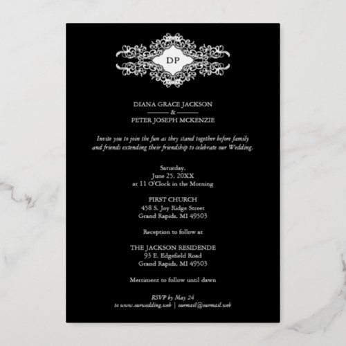 Luxury Sophisticate Black Flourish Chic Silver Foil Invitation
