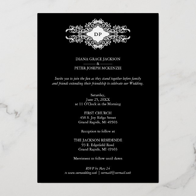 Luxury Sophisticate Black Flourish Chic Silver Foil Invitation (Back)