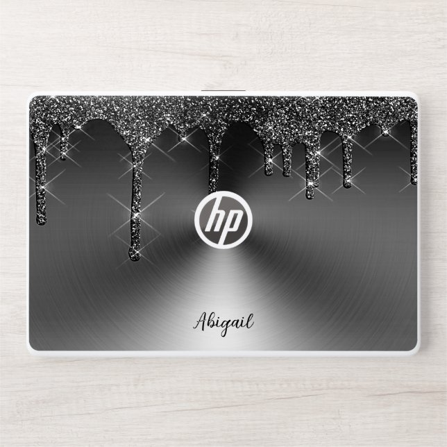 Luxury Sparkle Black Dripping Glitter Personalized HP Laptop Skin (Front)