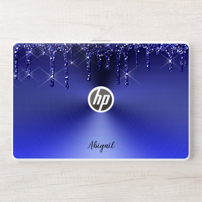 Luxury Sparkle Blue Dripping Glitter Personalized HP Laptop Skin (Front)