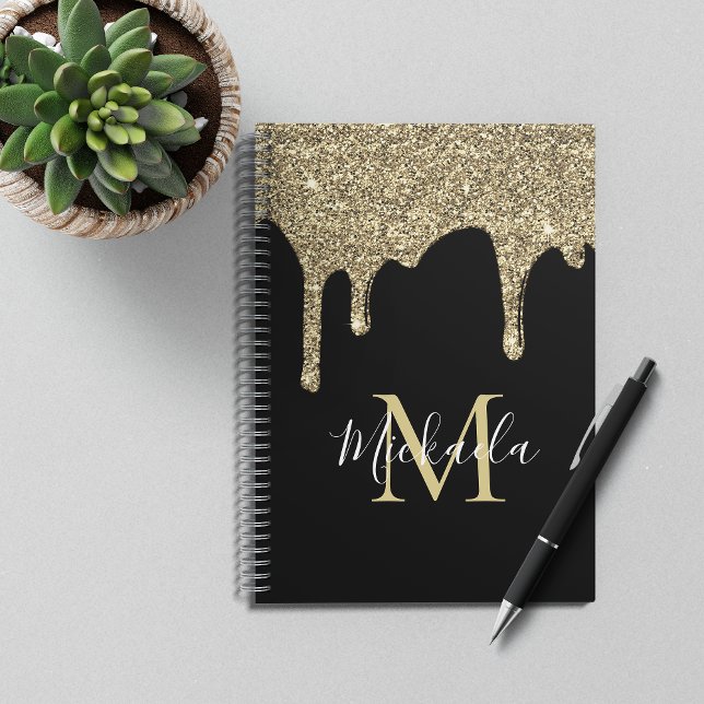 Luxury Sparkle Gold Glitter Drips Monogram Notebook (Creator Uploaded)