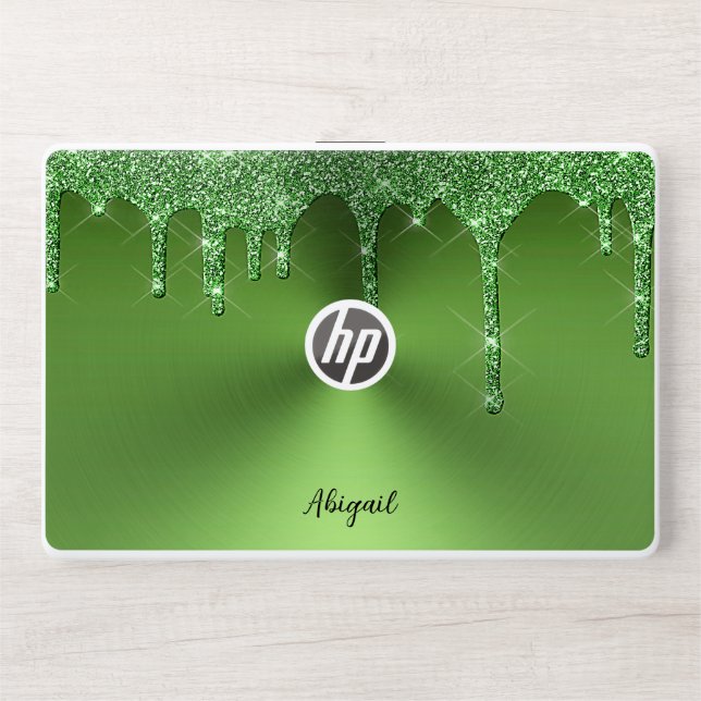 Luxury Sparkle Green Dripping Glitter Personalized HP Laptop Skin (Front)