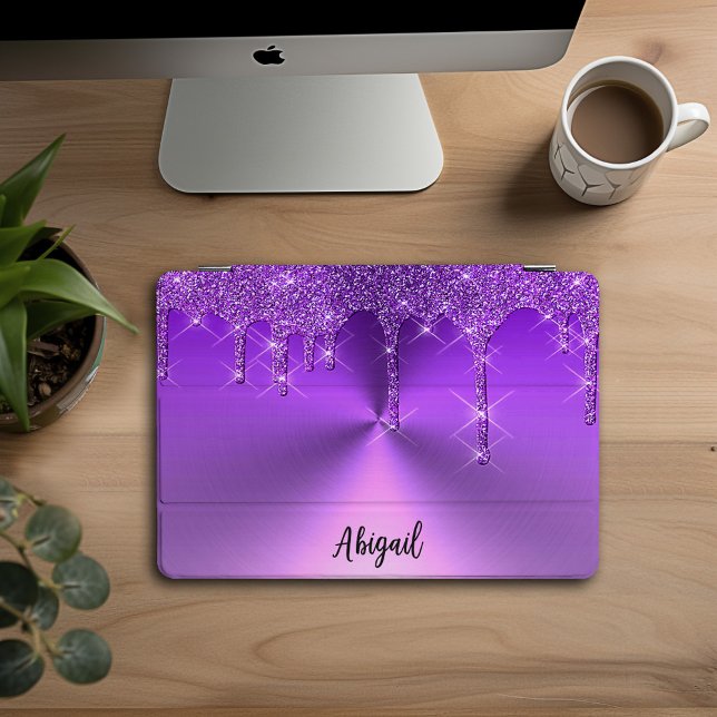 Luxury Sparkle Purple Dripping Glitter Personalize iPad Pro Cover (Creator Uploaded)