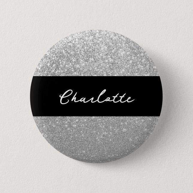 Luxury Sparkle Silver Glitter Name Button (Front)