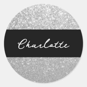 Luxury Sparkle Silver Glitter Name Classic Round Sticker