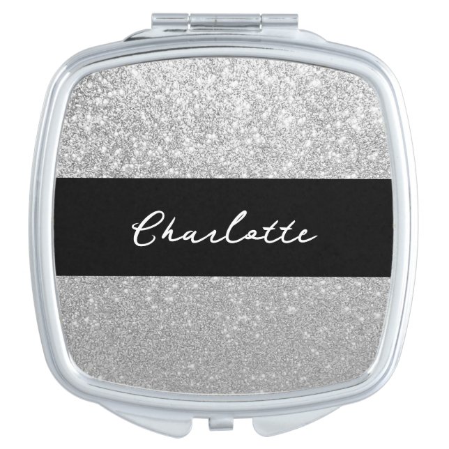 Luxury Sparkle Silver Glitter Name Compact Mirror (Front)