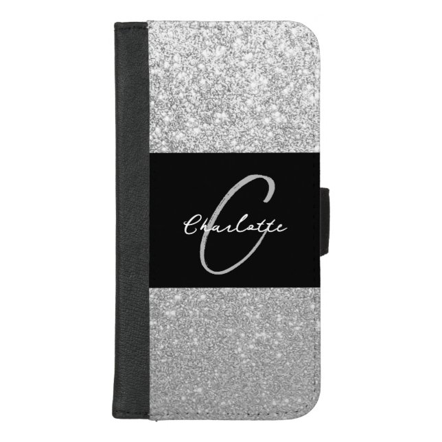 Luxury Sparkle Silver Glitter Name iPhone Wallet Case (Front)