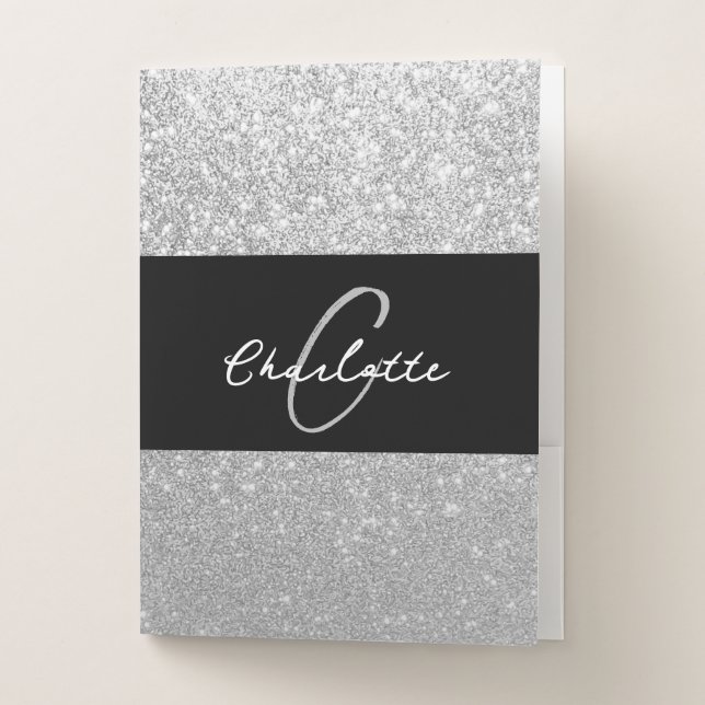 Luxury Sparkle Silver Glitter Name Pocket Folder (Front)