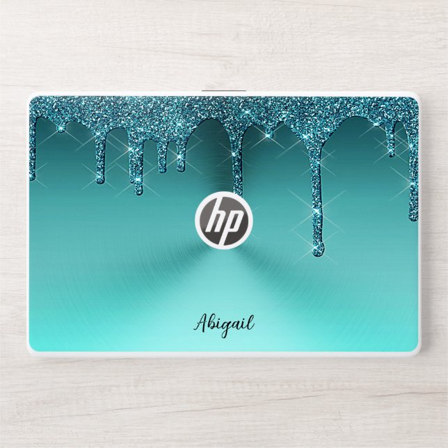 Luxury Sparkle Teal Dripping Glitter Personalized, HP Laptop Skin (Front)