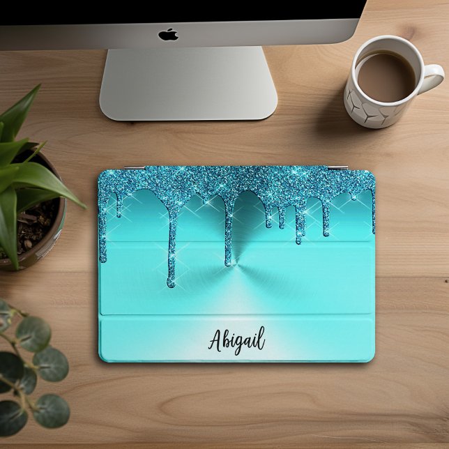 Luxury Sparkle Teal Dripping Glitter Personalized, iPad Pro Cover (Creator Uploaded)