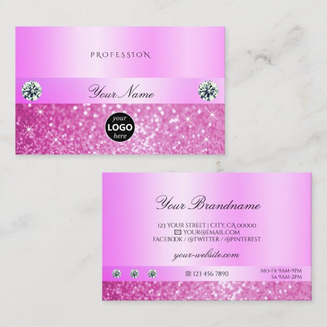 Luxury Sparkling Girly Pink Glitter with Logo Chic Business Card (Front/Back)