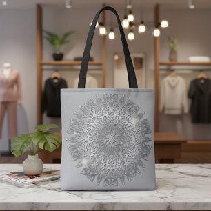 Luxury Sparkling Silver Metallic Glowing Mandala Tote Bag
