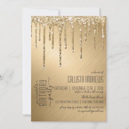 Luxury Sparkly Gold Glitter Drips Birthday Party Invitation