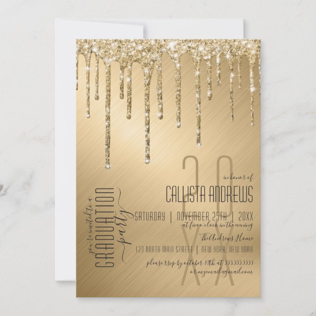 Luxury Sparkly Gold Glitter Drips Graduation Invitation (Front)