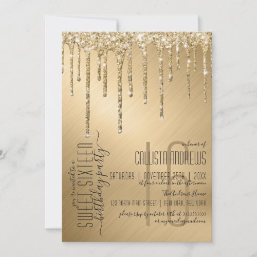 Luxury Sparkly Gold Glitter Drips Sweet 16 Invitation