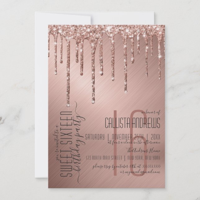 Luxury Sparkly Rose Gold Glitter Drips Sweet 16 Invitation (Front)