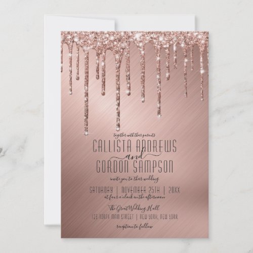 Luxury Sparkly Rose Gold Glitter Drips Wedding Invitation