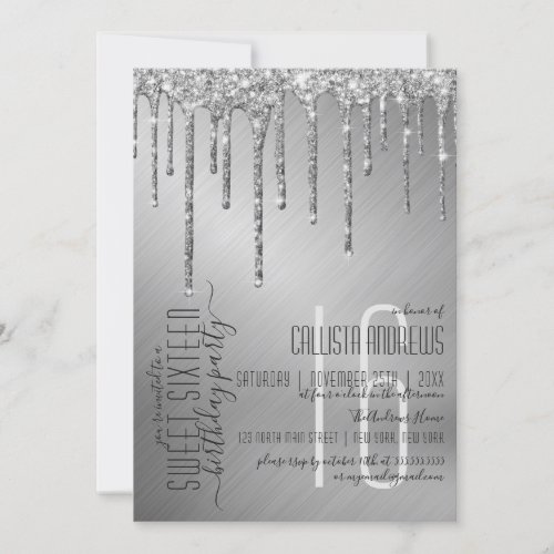 Luxury Sparkly Silver Glitter Drips Sweet 16 Invitation