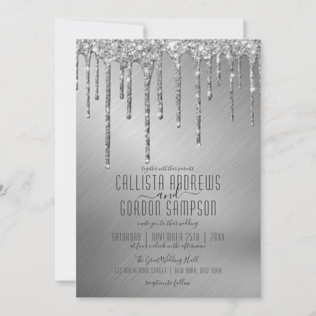 Luxury Sparkly Silver Glitter Drips Wedding Invitation (Front)