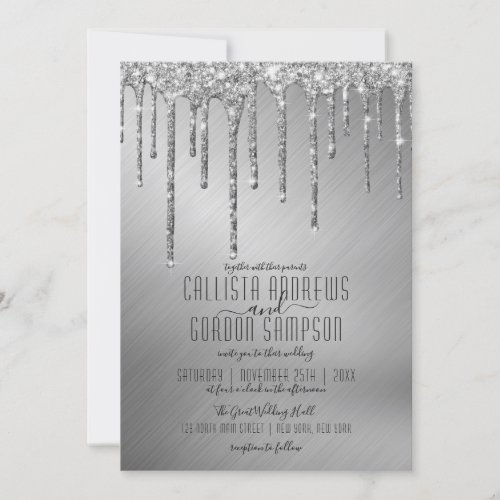 Luxury Sparkly Silver Glitter Drips Wedding Invitation