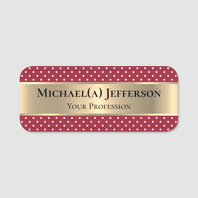Luxury Spicy Red Polka Dotted Gold Name Tag (Front)