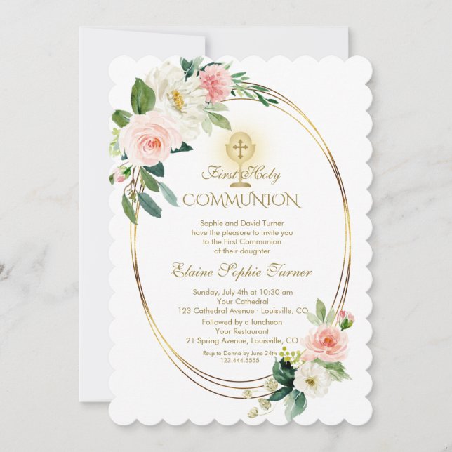 Luxury Spring Blush Floral Gold Holy Communion Invitation (Front)