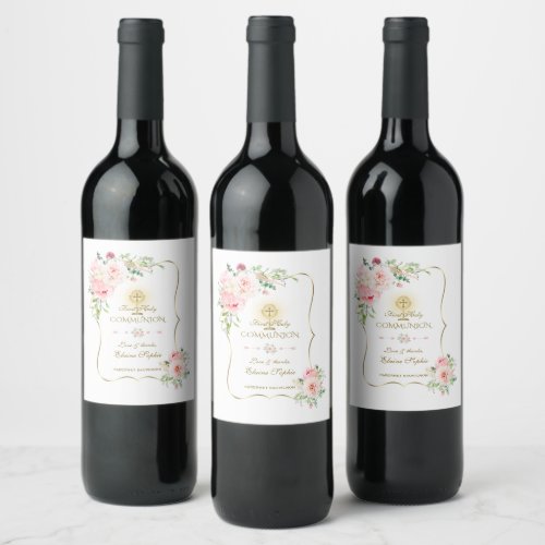 Luxury Spring Blush Floral Gold Holy Communion Wine Label
