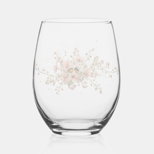 Luxury Spring Wildflower bird Spring Flower Bouque Stemless Wine Glass (Back)