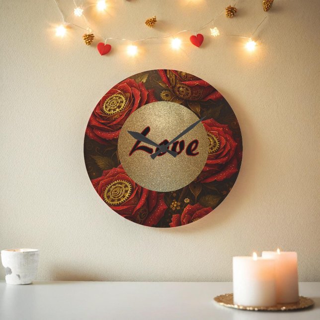 Luxury Steampunk Roses Romantic Gold Gears Large Clock (Creator Uploaded)