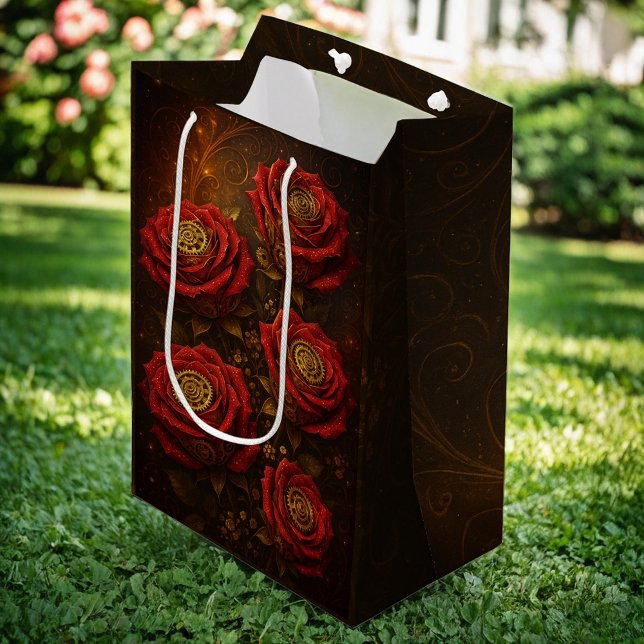 Luxury Steampunk Roses Romantic Gold Gears Medium Gift Bag (Creator Uploaded)