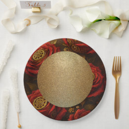 Luxury Steampunk Roses Romantic Gold Gears Paper Plates