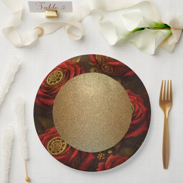 Luxury Steampunk Roses Romantic Gold Gears Paper Plates (Wedding)