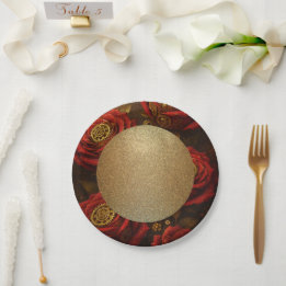 Luxury Steampunk Roses Romantic Gold Gears Paper Plates