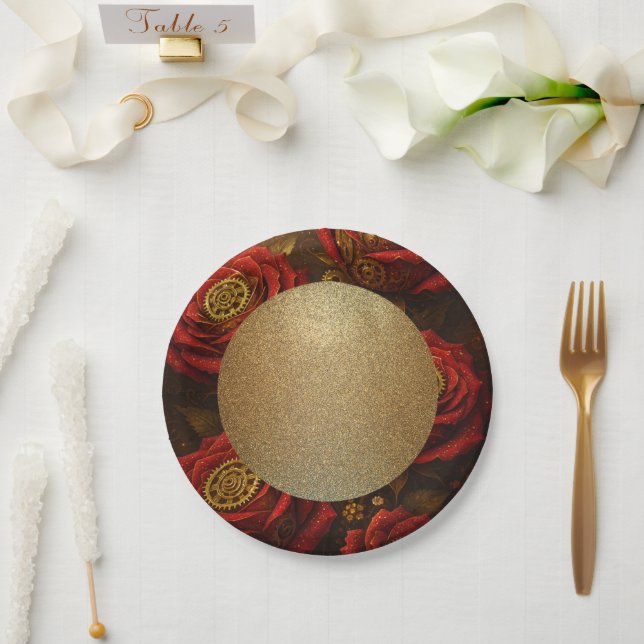Luxury Steampunk Roses Romantic Gold Gears Paper Plates (Wedding)