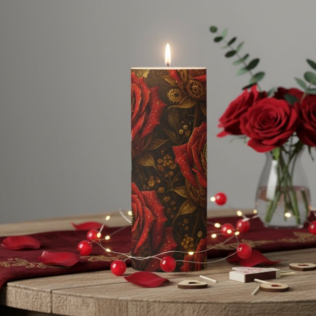 Luxury Steampunk Roses Romantic Gold Gears Pillar Candle (Creator Uploaded)