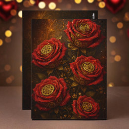 Luxury Steampunk Roses Romantic Gold Gears Postcard