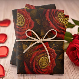 Luxury Steampunk Roses Romantic Gold Gears Wrapping Paper Sheets