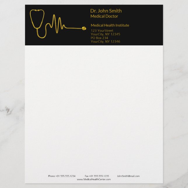 Luxury Stethoscope ECG Wave Gold EKG Line Medical Letterhead (Front)