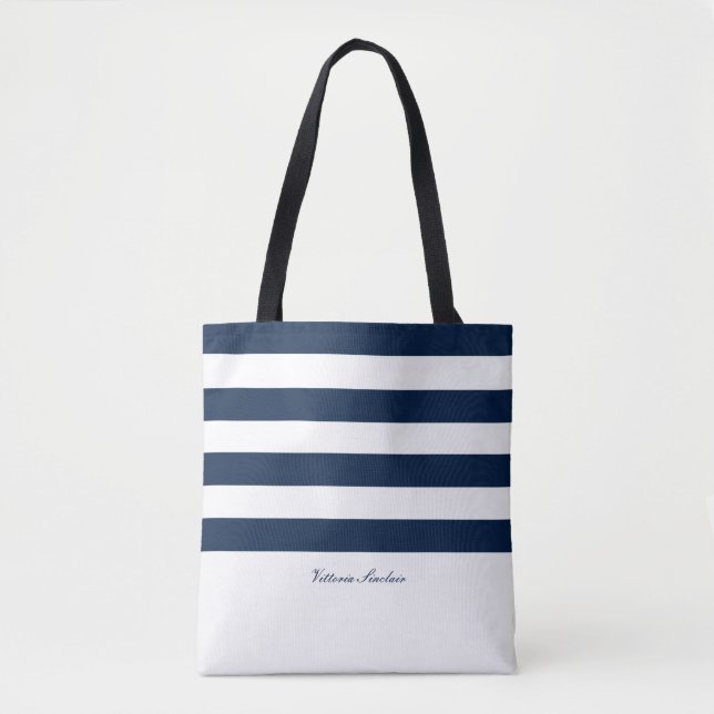 luxury stripe navy minimalist personalized modern tote bag (Front)