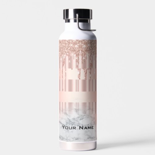 Luxury Stripes Rosegold Glitter Drips Custom Name Water Bottle