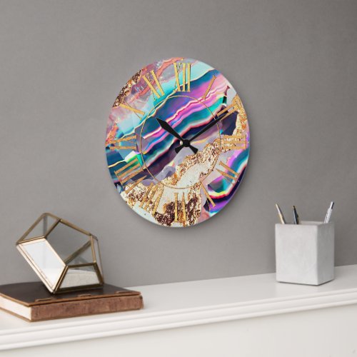 Luxury Stylish Faux Holographic Agate Marble Stone Large Clock