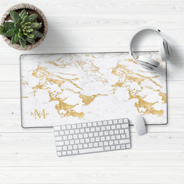 Luxury Stylish Gold Foil Marble Monogram Desk Mat Zazzle