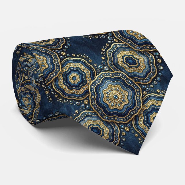 Luxury Suit Tie | Navy Blue + Gold Geode Neck Tie (Rolled)