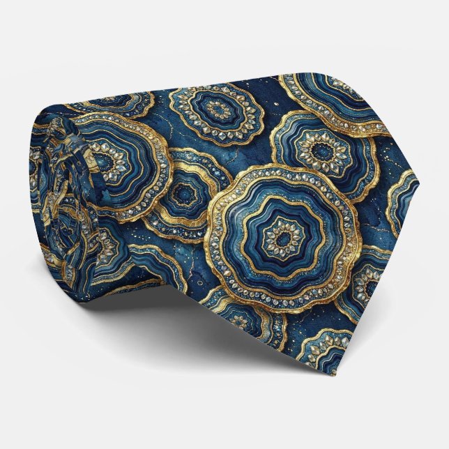 Luxury Suit Tie | Navy Blue + Gold Geode Neck Tie (Rolled)