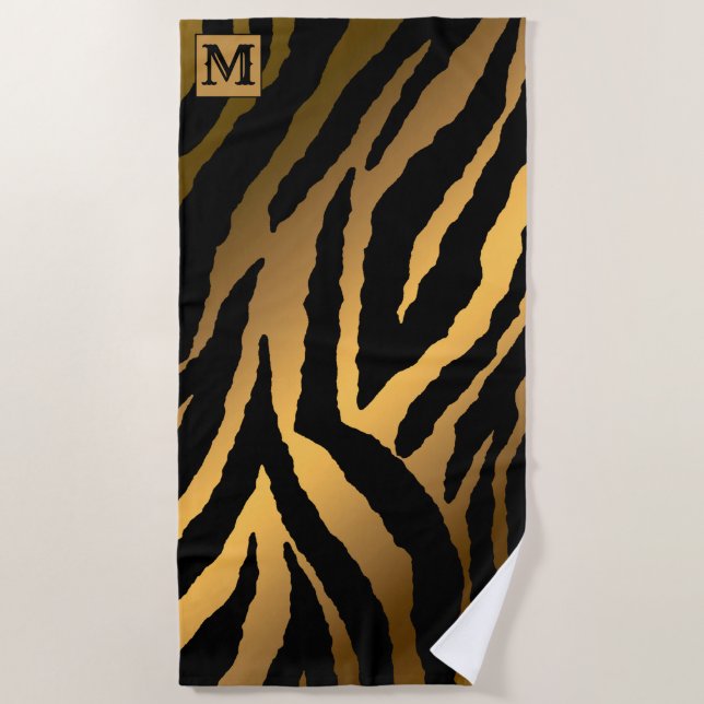Luxury Summer Time Monogrammed Tiger Gold Beach Towel (Front)