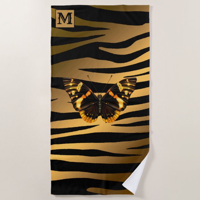 Luxury Summer Time Monogrammed Tiger Gold Beach Towel (Front)