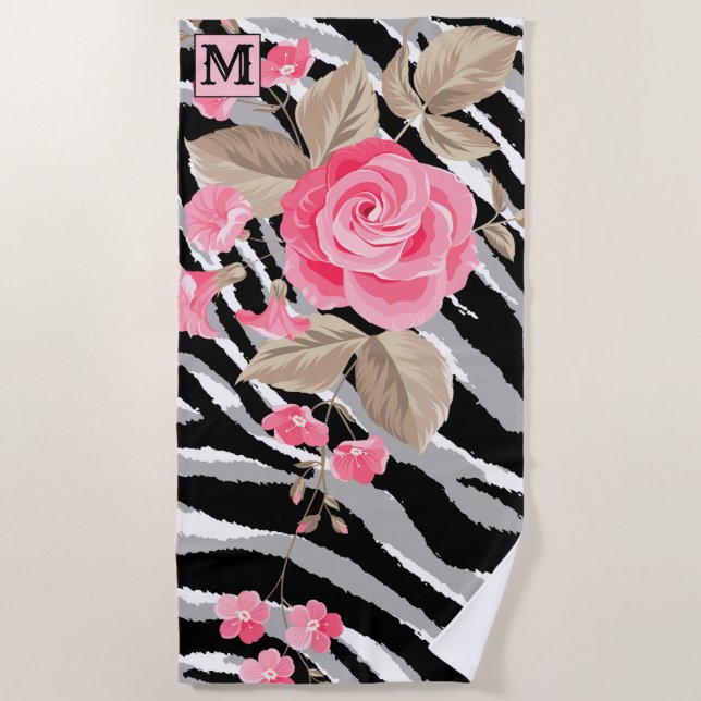 Luxury Summer Time Monogrammed Tiger Rose Beach Towel (Front)