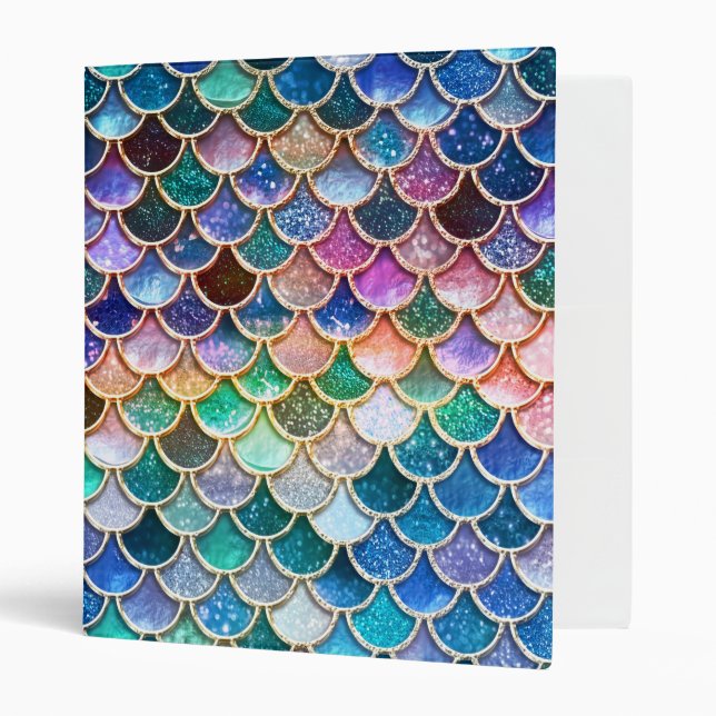 Luxury summerly multicolor Glitter Mermaid Scales 3 Ring Binder (Front/Inside)