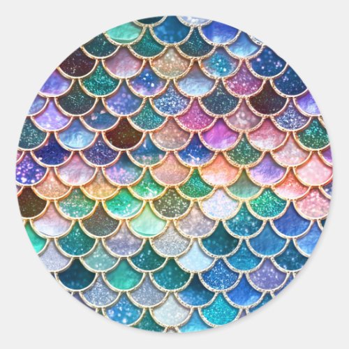 Luxury summerly multicolor Glitter Mermaid Scales Classic Round Sticker